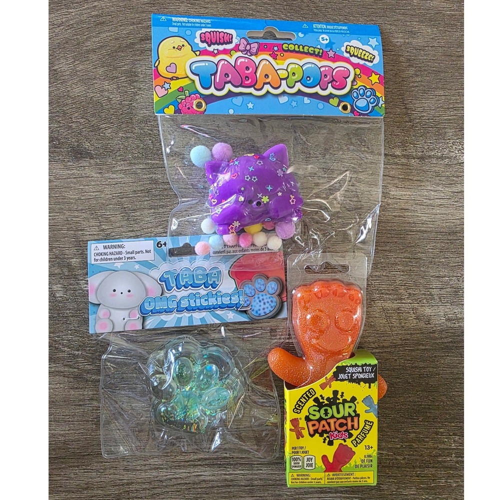 Taba-Pops Squishy Cat Taba OMG Stickies Paw & Scented Sour Patch Kids Toy Bundle